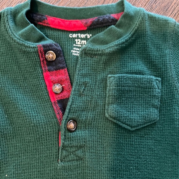 Size 12 months Carters long sleeve forest green onesie.  Thermal waffling. - Picture 2 of 2